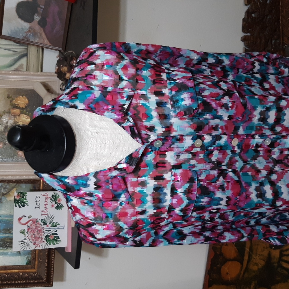 Womens Sheer Blouse button up Collared long sleeve Plus sz 18 RUBY RD Multi Colo